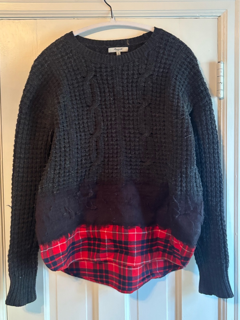 Madewell Cable-Knit Sweater with Red Plaid Accent Hem